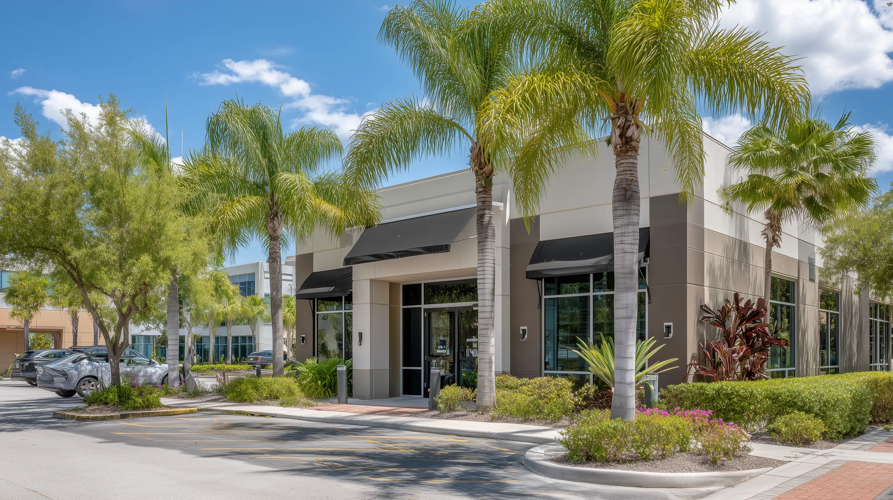 Modern Florida commercial building with large glass windows perfect for professional tinting