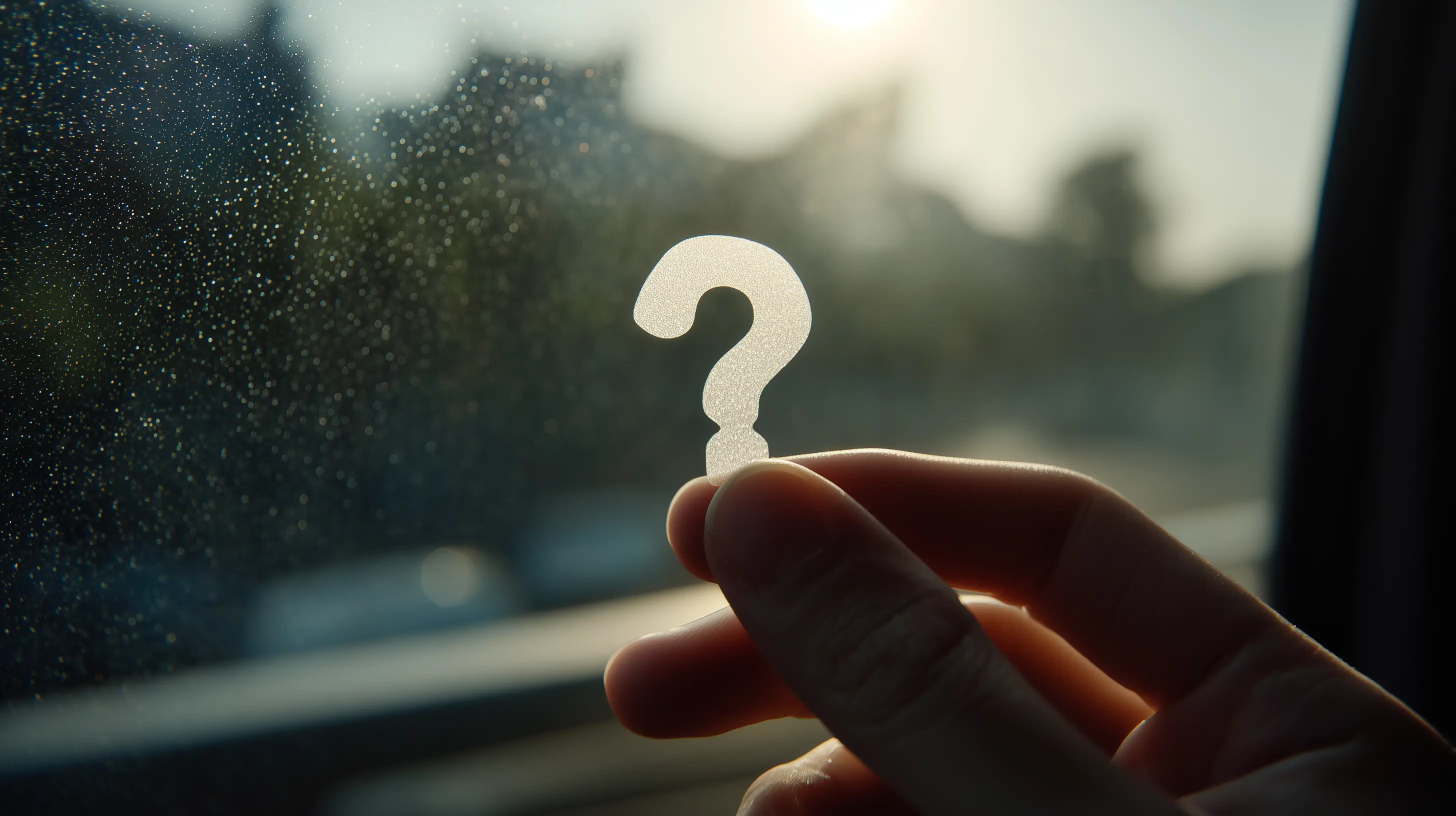 Hand holding question mark through car window - FAQ concept