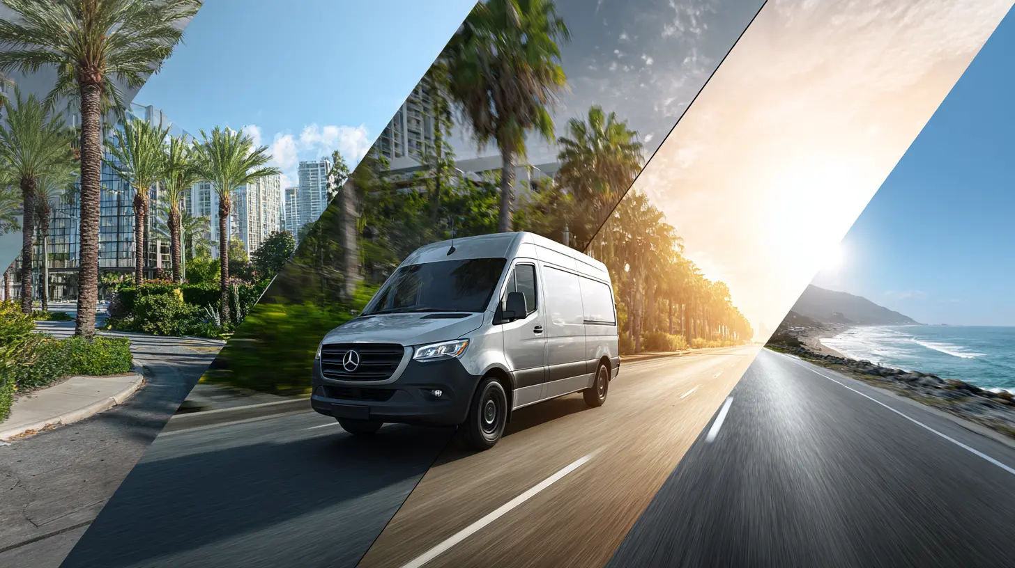 Mobile tinting van traveling through different Florida landscapes and service areas